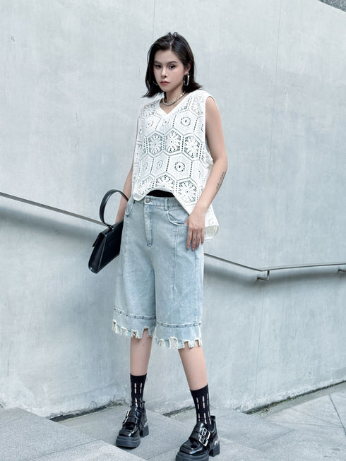 Raw Fringe Wide Denim Shorts