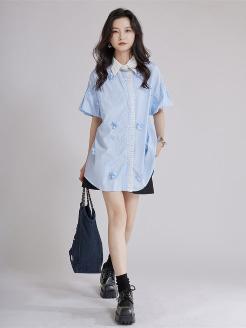 Striped Flower Puff Blouse