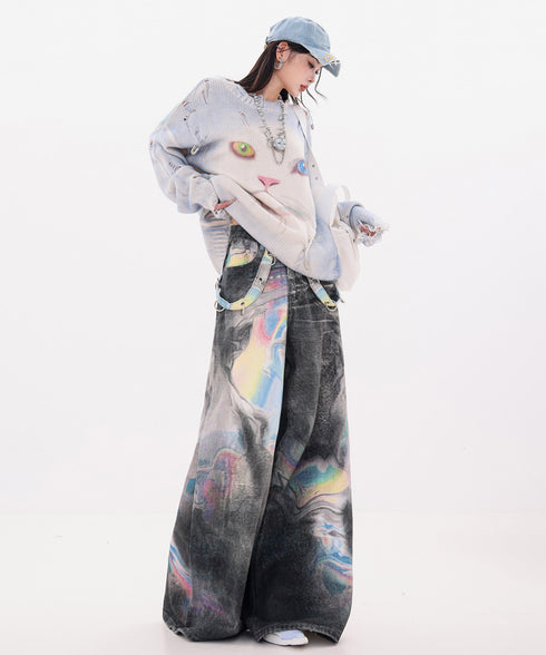 Iridescent Print Denim Wide Pants