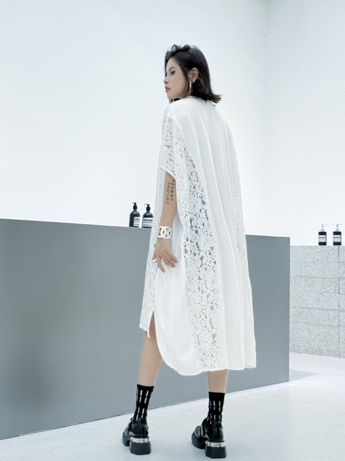 Lace Panel Relaxed Shirt Dress