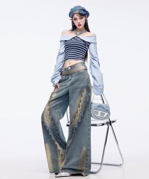 Crystal Dust Washed Wide Denim Pants