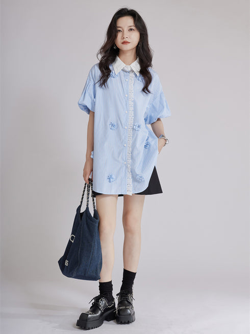 Striped Flower Puff Blouse