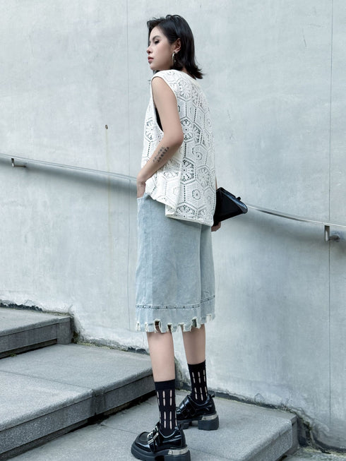 Raw Fringe Wide Denim Shorts