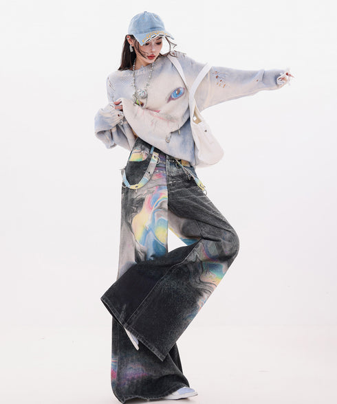 Iridescent Print Denim Wide Pants