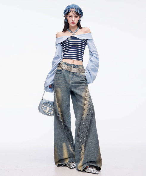 Crystal Dust Washed Wide Denim Pants