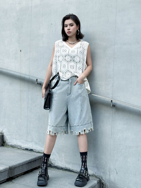 Raw Fringe Wide Denim Shorts