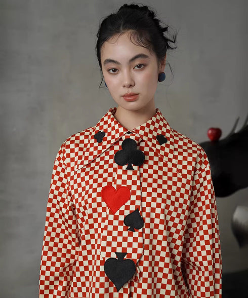 Checker Emblem Collar Blouse