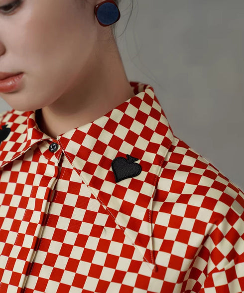 Checker Emblem Collar Blouse