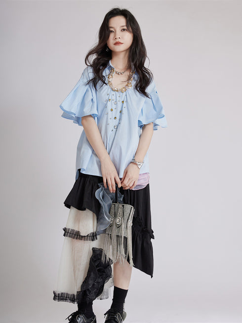 Beaded Collar Flare Blouse