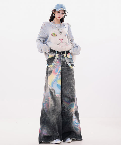 Iridescent Print Denim Wide Pants