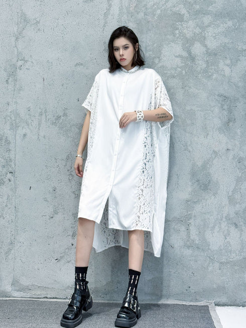 Lace Panel Relaxed Shirt Dress