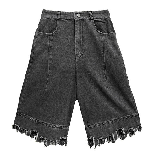 Raw Fringe Wide Denim Shorts