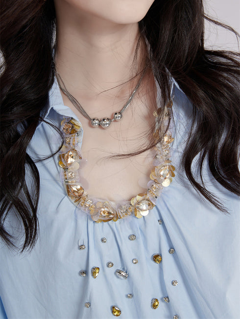 Beaded Collar Flare Blouse