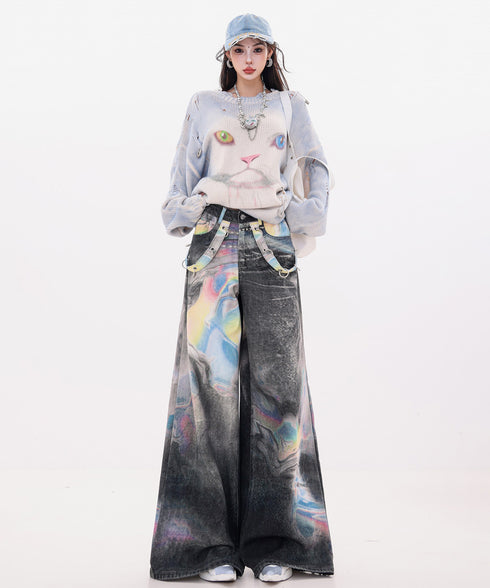 Iridescent Print Denim Wide Pants
