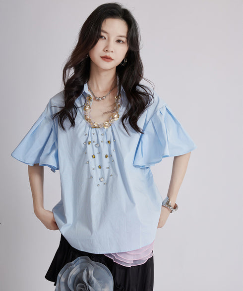 Beaded Collar Flare Blouse