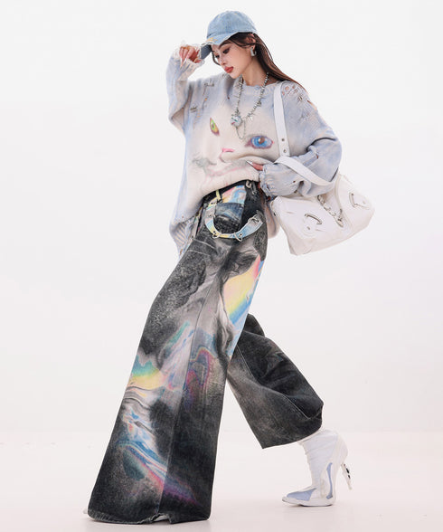 Iridescent Print Denim Wide Pants