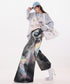 Iridescent Print Denim Wide Pants
