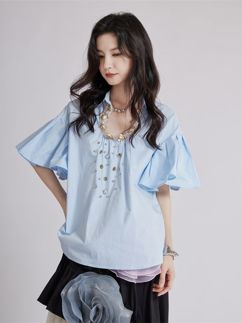 Beaded Collar Flare Blouse