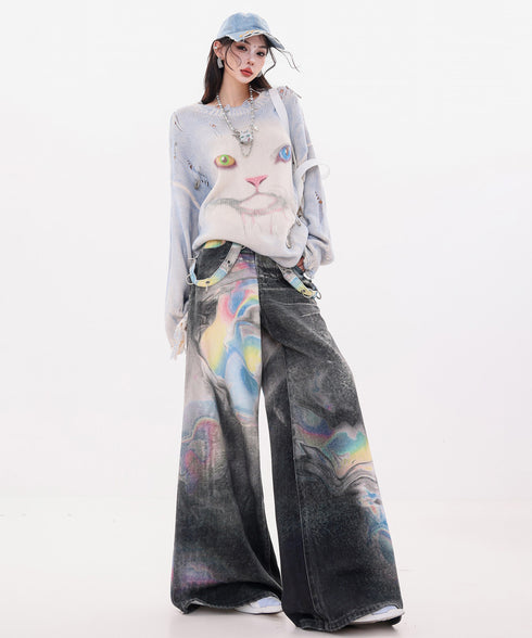 Iridescent Print Denim Wide Pants