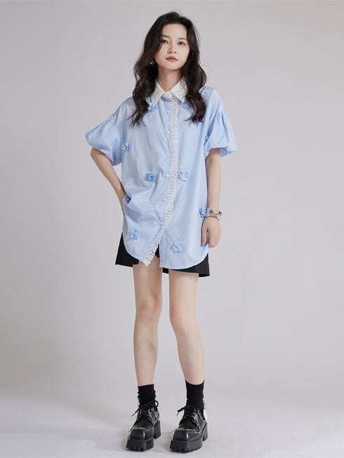 Striped Flower Puff Blouse