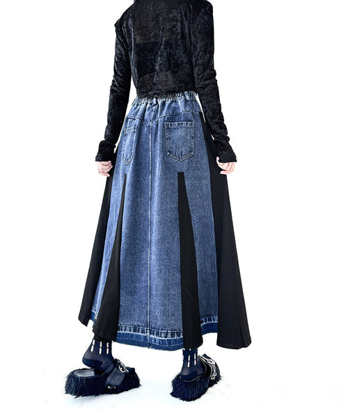 Contrast Panel Denim Flare Skirt