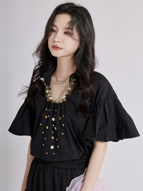 Beaded Collar Flare Blouse
