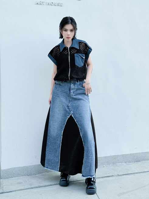 Mesh Contrast Zip Top