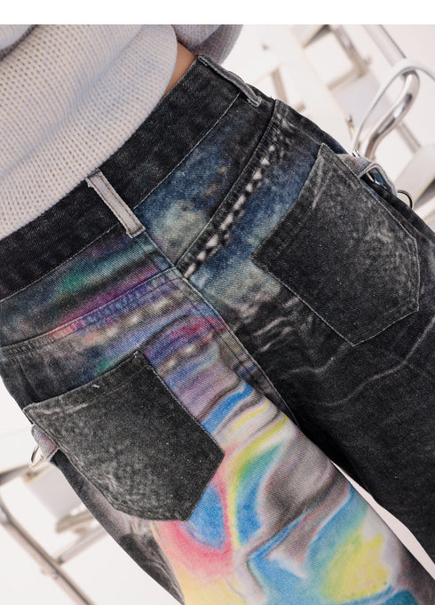 Iridescent Print Denim Wide Pants