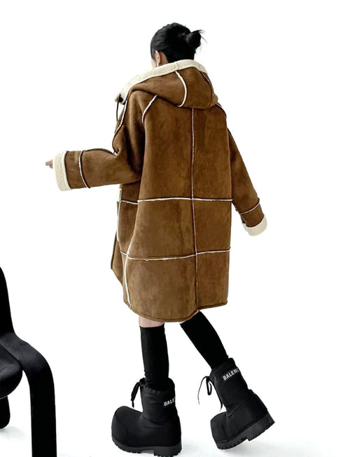 Hooded Faux Shearling Patch Coat