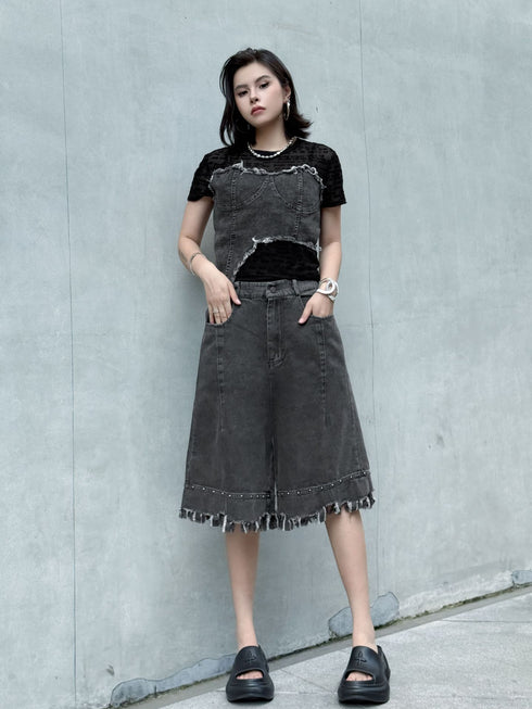 Raw Fringe Wide Denim Shorts