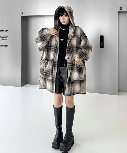 Oversized Plaid Hooded Coat