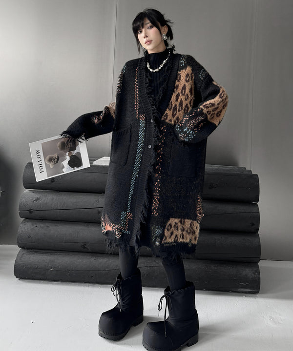 Frayed Leopard Patch Knit Cardigan