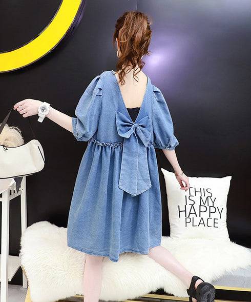 Ribbon Back Volume Denim Dress