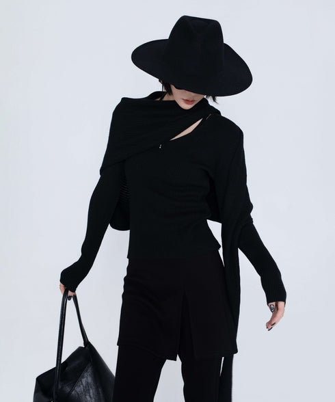 Rib Knit Top&Wrap Scarf Co-ord