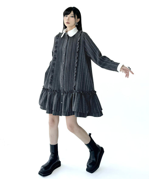 Pinstripe Ruffle Collar Shirt Dress