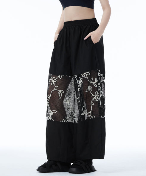 Sheer Floral Mesh Wide Pants
