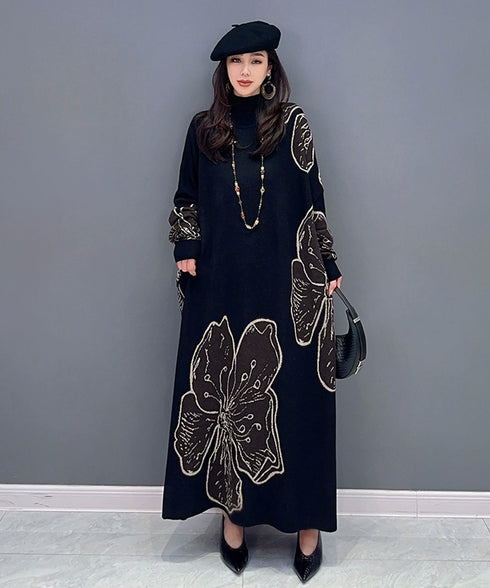 Floral Motif Knit Long Dress