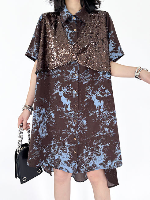 Sequin Deer Print Shirt Dress