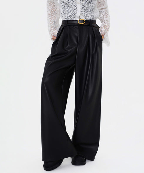 Glossy Pleated Wide Pants
