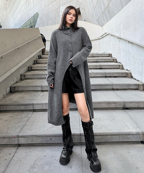 Asym Button Long Knit Top