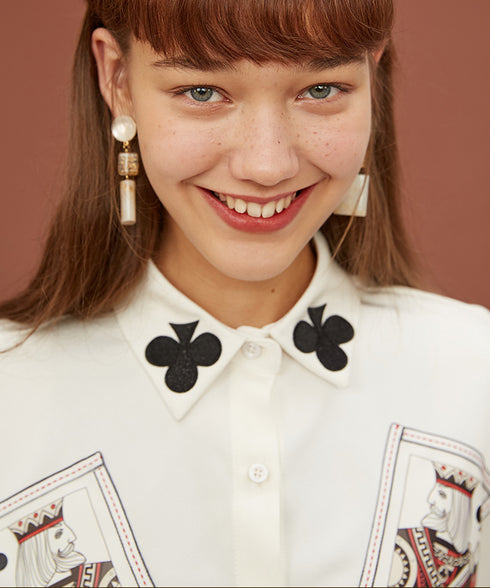Card Print Collar Blouse