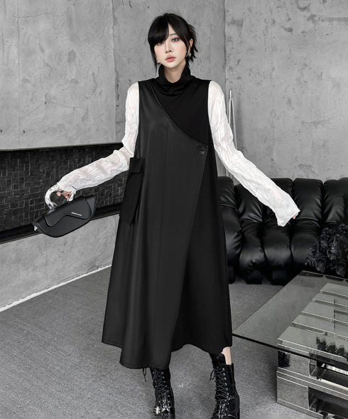 Mock Neck Overlay Pocket Dress