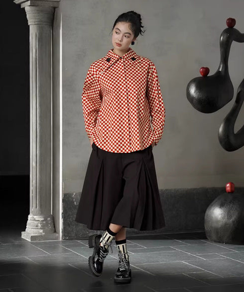 Checker Emblem Collar Blouse