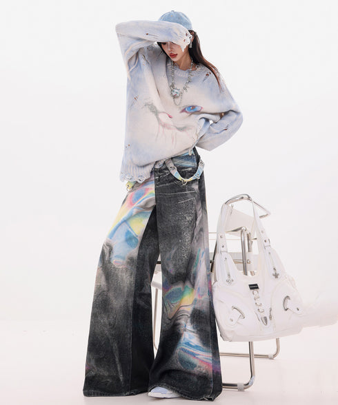 Iridescent Print Denim Wide Pants