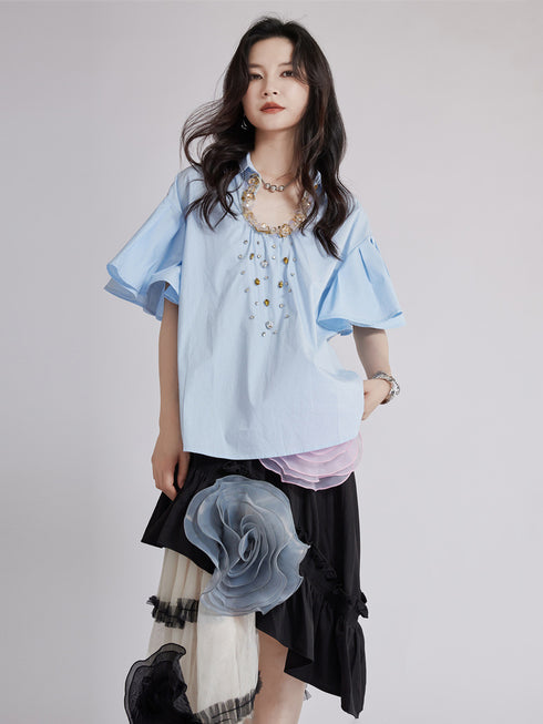 Beaded Collar Flare Blouse