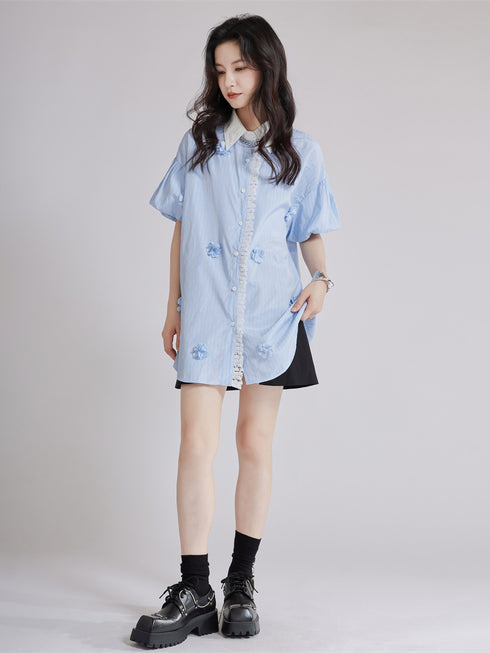 Striped Flower Puff Blouse