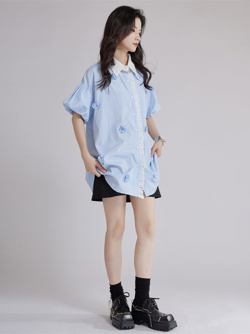 Striped Flower Puff Blouse