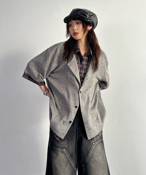 Grid Lapel Blouse