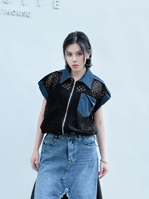 Mesh Contrast Zip Top