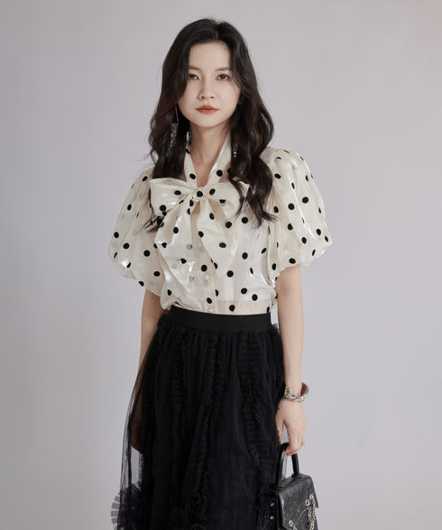 Glossy Dot Bow Blouse